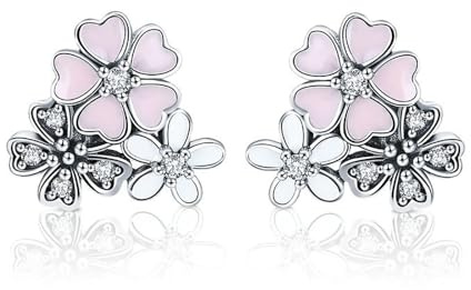 Daisy Cherry Blossom Flower Stud Earrings 925 Sterling Silver Pink Enamel CZ Crystal Wedding Earring Studs Post for Women Girls Fashion Jewelry Christmas Gifts Best Friend