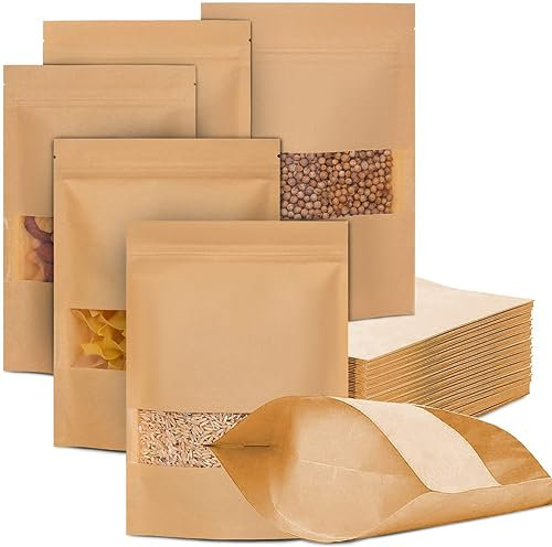100Pz Sacchetti per Alimenti Con Finestra a Zip, Buste Carta Kraft Con Chiusura, Applicano a Noci, Chicchi di Caffè, Foglie di Tè, Spezie 10x15cm