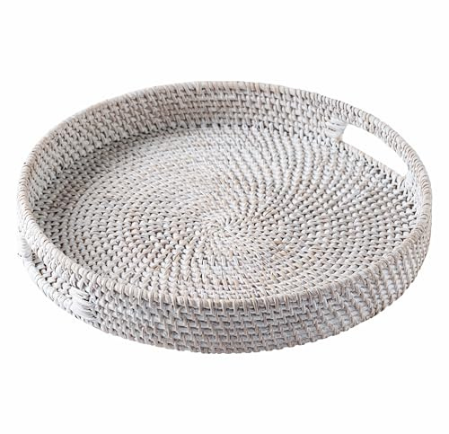 Jungle Culture Bandeja de ratán de 30cm / 11,8 • Bandejas Tejidas con Asas para el hogar • Bandeja Redonda para Mesa de Centro • Cesta de Mimbre para Pan, Fruta, Velas • Blanco