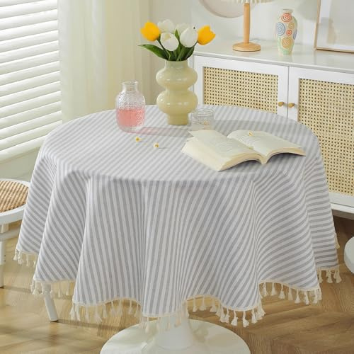meioro Tovaglia a Righe Tovaglie Rotonda con Nappe, Copri Tavolo Lavabili da Interno Biancheria da Tavola Decorativa per Cucina, Sala da Pranzo e Piano d'appoggio (Grigio/Bianco,Φ150cm)