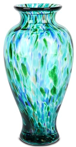 30 cm hög jade grön glasvas vacker handblåst glasvas modern glaskonst heminredning, dekoration vardagsrum, bred mun färgglad glasvas för spiselbord mittpunkt, entré bröllop dekor