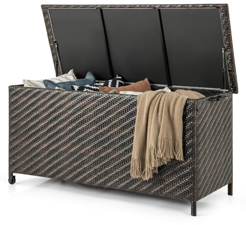 COSTWAY Auflagenbox mit Rollen, Polyrattan Kissenbox, 320 L Kapazität, wasserdicht, UV-beständig, Aufbewahrungsbox XXL, Gartentruhe, Gartenbox für Garten, Balkon, 137 x 56 x 64 cm