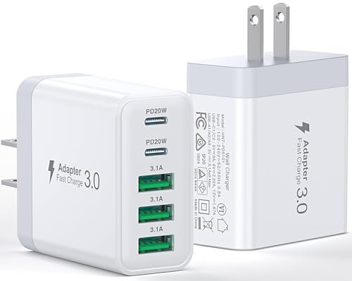 [2-Pack] USB C Wall Charger, 60W Fast USB C Charger Block, 5-Port PD Power Adapter + QC Wall Plug Multiport Type C Charging Block Cube Compatible with iPhone 17 16 15 14 13 12 Pro Max XR XS, Tablets