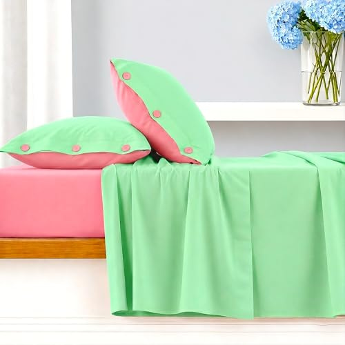 Ruggeri Set Lenzuola Completo Letto Matrimoniale, Cotone, Verde e Rosa | 4 Pezzi, Lenzuolo con Angoli 170x200 cm, Lenzuolo Piatto 240x280 cm e 2 Federe Double 50x80 cm, Certificato Oeko-Tex