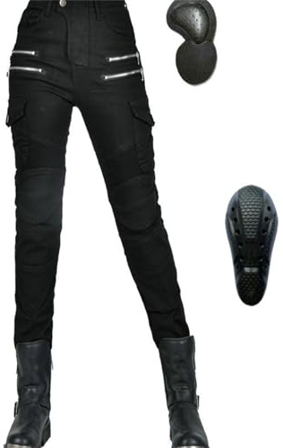 duzhengzhou Damen Slim Fit Motorrad Jeans Mit Protektoren Knie Und Hüftprotektoren Stretch Slim Fit Denim Motorradhose Cargo Motorradjeans Schutzhose Biker Pants(Black,L)