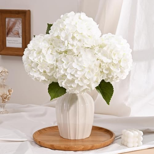 8 flores artificiales de hortensias blancas, flores de hortensia de látex de tacto real, 19.6 pulgadas, flores falsas para decoración del hogar, fiesta, boda, centro de mesa, ramo de arreglos florales
