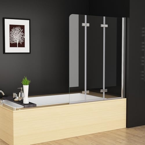 MEESALISA 120 x 140 cm Duschwand für Badewanne Dusche Duschabtrennung mit 3 Teilig Faltwand 6mm NANO Glas 360º Schwenkbar Klappbare Glaswand Duschtrennwand Badewannenfaltwand Duschtür