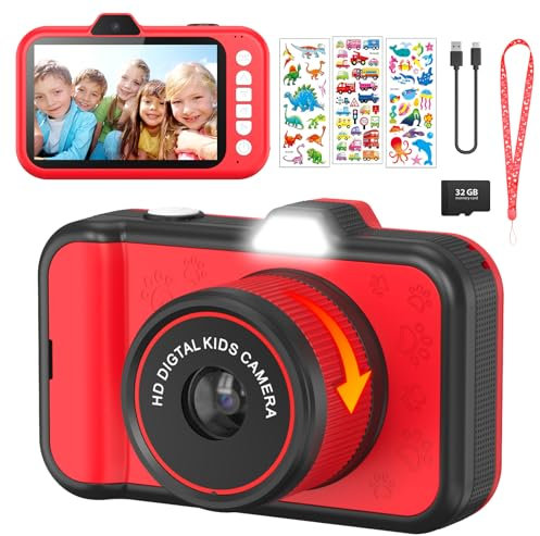 Appareil Photo Enfant, ULEWAY Grand écran 3,5, Zoom Rotatif 360°, Appareil Photo HD 1080P avec Flash LED, Selfie 32 GB, Cadeau Jouet Fille et Garçons 3 4 5 6 7 8 9 10 11 12 Ans (Rouge)
