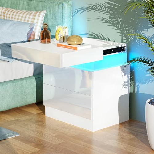 HaodaCulture Mesita de Noche led 2 cajones, Mesitas de Noche Dormitorio, 16 Colores LED, Tapa Push Pull, Mesa de Noche, Mesa Auxiliar, Adecuada para Cualquier Cama y Dormitorio 40x35x52cm