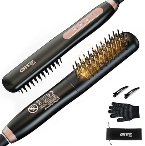 Mini Hair Straightener Brush, Ceramic Hair Straighteners and Straightening Brush 2-in-1 for Women, 10s Quick Heating, Lightweight 200g, 3 Temperature Settings for Home, Travel, Short Hair