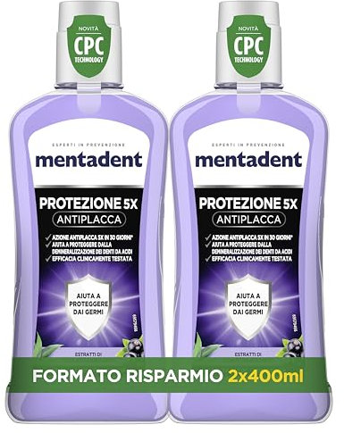 Mentadent Collutorio CPC, Azione Antiplacca, con CPC e Fluoro, Contro la Demineralizzazione dei Denti, Igiene Profonda, con Estratti di Eucalipto e Ribes Nero 100% Naturale, Formato 2 x 400 ml