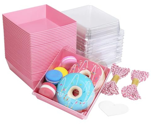 Alimat PluS Small Charcuterie Boxes with Clear Lids 20 Pack, 5 inch Cake Boxes with Window, Dessert Boxes for Cookie, Cake Slice, Sandwich and Strawberries(Pink)