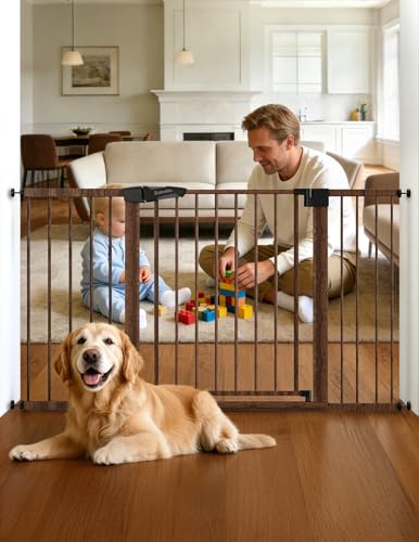 Babelio Metal Auto Close Baby Gate PressGuard P7,Extra Wide Pet Gate for The House and Doorways, Pressure Mounted Walk Thru Child Gate with Door (Black Wood Pattern, 30 Tall 29-55 Wide)