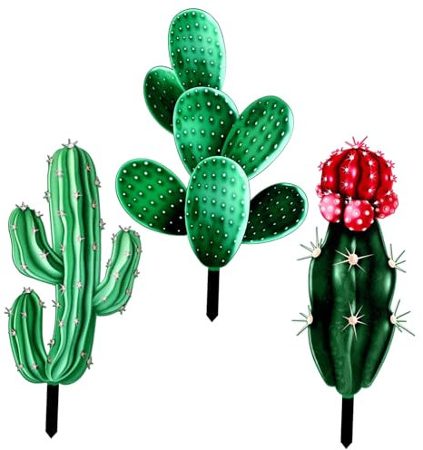 Garneck Picchetti da Giardino Decorazioni da Giardino Realistiche 3pezzi in Acrilico a Forma di Cactus Verde per Uso Esterno e Cortile