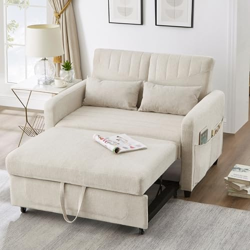 BNUZ Sofabett mit Schlaffunktion Zweisitzer-Klappsofa,ausziehbares Design,schlicht und modern,zeitgemäßer Stil,dreistufig verstellbare Rückenlehne,atmungsaktiver Baumwoll-Leinen-Stoff,Beige,80x110cm