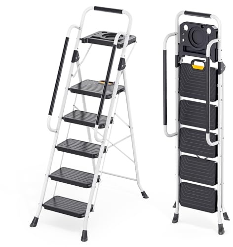 KINGRACK Sturdy Steel 5 Step Ladder, Folding Step Stool with Handrail, Anti-Slip Wide Pedals, Safe-Lock Design, Pass 800lbs Load Testing, Portable Ladder for Multi-Purpose in Home, Kitchen, White