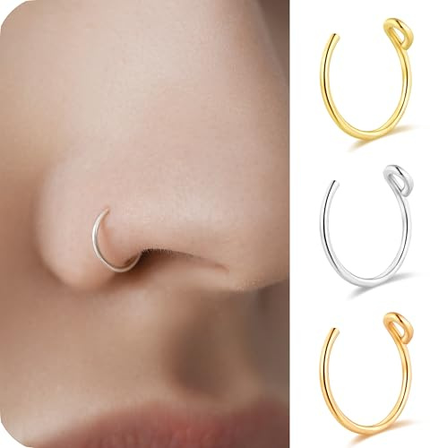 Velvoria Lot de 3 Faux Anneaux de Nez à Clipser pour Femmes, sans Piercing, Calibre 22, Faux Anneau de Septum en Acier Inoxydable, Faux Piercing, Piercing au Nez