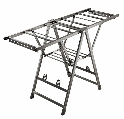 Adjustable 2-Tier Foldable Laundry Drying Rack, Large Free-Standing Clothes Dryer with Wing Extensions & Shoe Holder for Indoor/Outdoor Use, Space-Saving Design