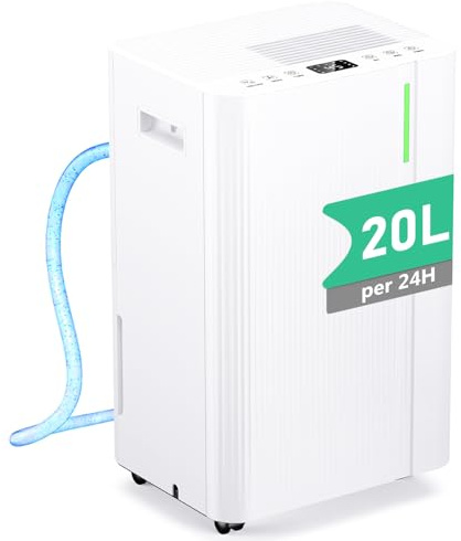 Deshumidificateur d Air - 20L/Jour Déshumidificateur Electrique Silencieux avec Compresseur, 3 Modes, Drainage Continu, Réservoir 5L, Minuterie 24h, Contre l'Humidité pour Maison/Appartement/Cave