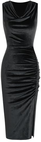 ZAFUL Cocktail Dresses for Women Vedding Guest Velvet Dress Slit Bodycon Cowl Neck Cocktail Party Dress(Black,M)