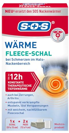 SOS Wärme Fleece-Schal – inkl. 2 Wärmepads – bis zu 12 Stunden konstante Wärme – waschbar & größenverstellbar – weicher Fleeceschal mit Tasche für Wärmepads – ideal für Nacken & Schultern