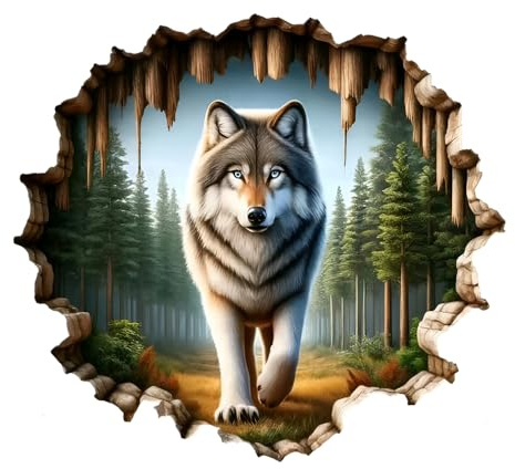 Wolf Vinyl Decals, 3D Forest Scene with Wolf, Waterproof Removable Stickers for Laptops, Cars, Wall, Furniture, Bedroom Decoration LB-009