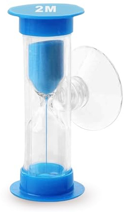 2 Minute Sand Timer with Suction Cup, Small Blue Acrylic Hourglass Sand Clock, Plastic Glass Mini Sandglass for Toothbrush Games Kitchen
