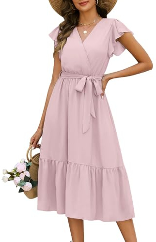 Fashora Robe Longue Femme Été Chic et Elegant Col en V Robes Fluide Taille Haute Décontractée Boheme Robe de Plage à Manches à Volants A-Line Casual Robes D'été