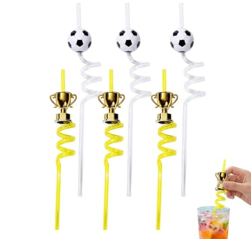 BCHMN 6 Pajitas de Fútbol y Trofeo Reutilizables, Decoración para Fiesta Temática Deportiva, Accesorios para Cumpleaños Infantiles y Eventos de Fútbol, Pajitas de Plástico con Diseños de Deporte