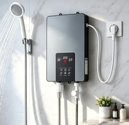 Chauffe-eau 6000 W 230 V LED électronique montage sans perçage & kit complet température constante (30-55 °C) pour cuisine, salle de bain, douche et jardin