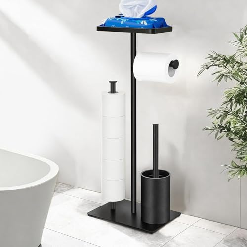 Toilettenpapierhalter Stehend mit WC Bürste -Klopapierhalter Stehend mit Klobürste,Ohne Bohren,Einfacher Montage,wc bürstengarnitur,für Toilettenpapier & Toilettenbürste(Schwarz Matt)