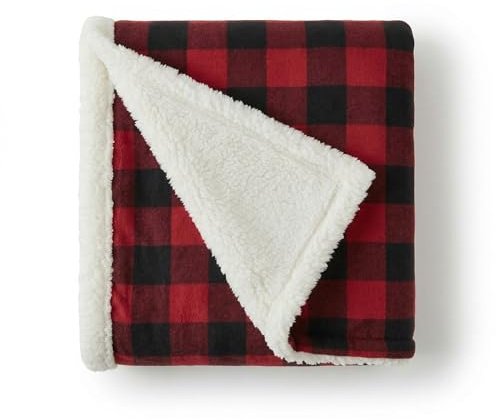 Eddie Bauer Reversible Bedding, Buffalo Plaid Home Decor for All Seasons, Fleece Sherpa Cotton. Red Check, Throw