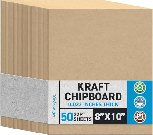 MagicWater Chipboard Sheet - 8x10 inch - 22 pt - 0.022 Thick - 50 Pack | For DIY Projects, Heavy Duty Kraft, Paperboard for Scrapbooking, Books, Picture Frame Backing, Art Projects & Crafts