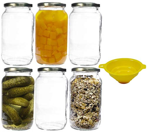 mikken 6 x Einmachglas 1 Liter mit Schraubverschluss Gold, inkl. Trichter
