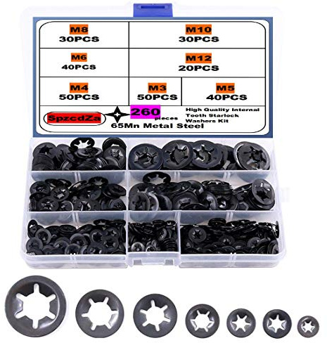 SpzcdZa Lot de 260 rondelles à dents internes Starlock de taille 7 - Kit d'assortiment de fixations à clipser - Rondelles à verrouillage rapide - Finition oxyde noir - Finition en oxyde de noir 65 mm