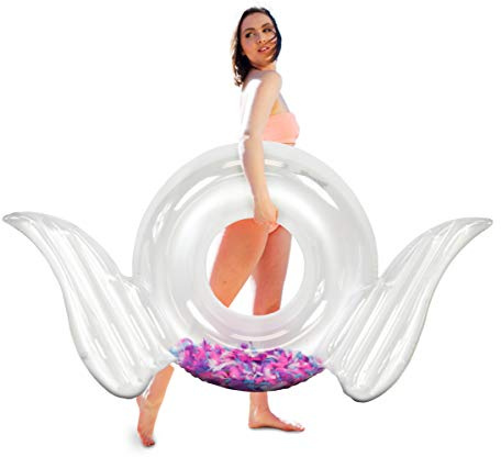 CoTa Global Inflatable Angel Wings Swim Float Ring, Confetti Transparent Lounge for Summer Pool Party Beach Lake - Premium UV Resistant Vinyl Water Tube Toy, Women Adults Kids - Transparent Feather