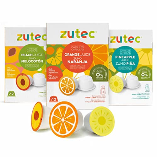 Zutec - Capsules de jus - Compatible avec la cafetière Dolce Gusto®* - Saveurs assorties - Orange, ananas et pêche - 3 paquets de 12 capsules - 36 capsules - Végétalien