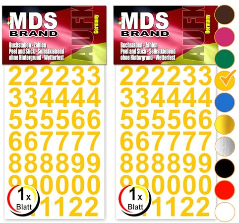 MDS Brand Zahlenaufkleber 2er/pk Selbstklebend Klebezahlen Freistehende wetterfest für Briefkasten, Mülltonne & Basteln Peel (2cm, Gelb)
