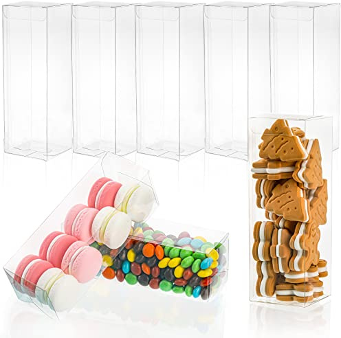 Peohud 80 Stück Transparente Geschenkbox,Rechteckige PVC Durchsichtig Candy Box, Kunststoff Macaron Schokolade Verpackung Boxen für Hochzeit, Geburtstagsparty, Bridal Shower, 5 x 5 x 15cm