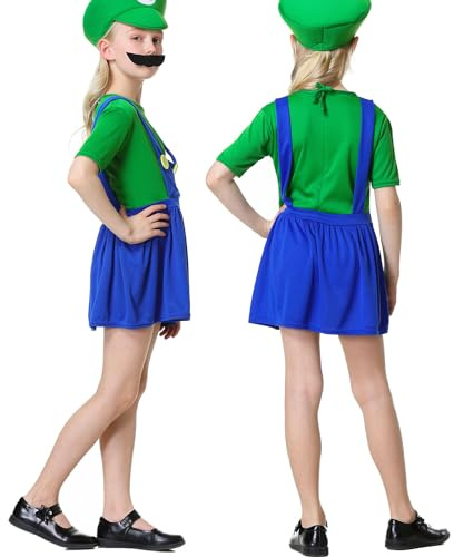 VISVIC Cosplay Kostüm Super Brothers Cosplay Kostüm, mit Cap und Schnurrbart, Halloween Karneval Cosplay Kostüm Set Männer Damen Jungen Mädchen, Faschingskostüme, Mädchen Grün, S