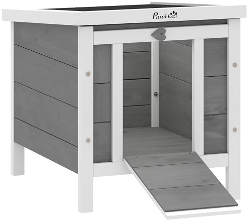 PawHut Conejera de Madera Exterior Jaula Caseta para Roedores Mascotas Pequeñas con Techo Asfáltico Se Puede Abrir y Rampa Antideslizante 42x51x43 cm Gris