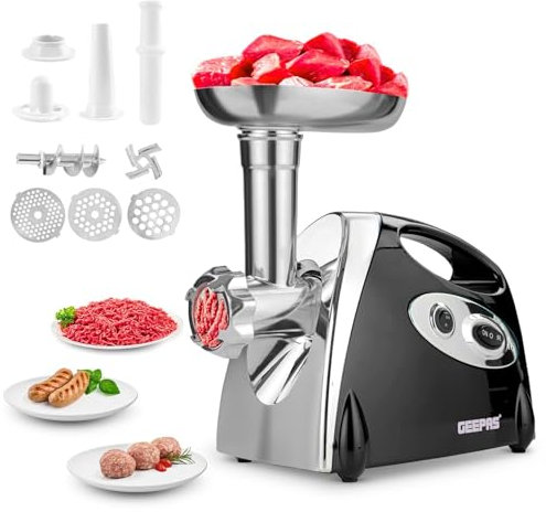 Geepas Electric Meat Grinder 1800W – Stainless Steel Meat Mincer & Sausage Stuffer, Food Grinding Mincing Machine with Kibbe – 3 Different Cutting Plates, Reverse Function, Plastic Housing (Black)