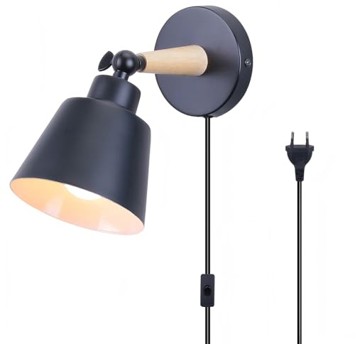 TOKIUS Wandleuchte Innen Moderne Nachttischlampe aus Metall und Holz Deko E27 Fassung Verstellbarer Wandbeleuchtung Innen Wandlampe für Schlafzimmer Wohnzimmer Flur (Schwarz, Mit Stecker Schalter)