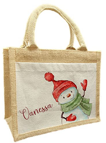 CreaDesign, Nikolaustasche mit Namen personalisiert, Nikolaustüte aus Jute, Schneemann XXL 26 x 22 x 14 cm
