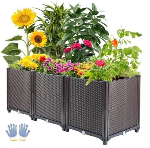 Emalie Deep Raised Garden Beds Large Plastic Planter Box with Drainage Plugs for Veggies Flowers Herbs Deep Root Plants Growing, 47.2 Lx15.7 Wx16.9 H Brown