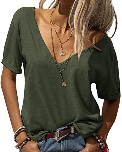 Tankaneo T-shirt pour femme à la mode, avec col en V, à manches courtes, couleur unie, décontractée, basique estivale, vert foncé, X-Large