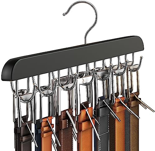 Resovo Gürtelaufhänger für Schrank, stabiler Holz-Gürtelständer, Schrankzubehör mit 14 Haken, Gürtel-Organizer für Schrank-Organizer und Aufbewahrung, max. 42 Gürtel, Schwarz, 1 Stück
