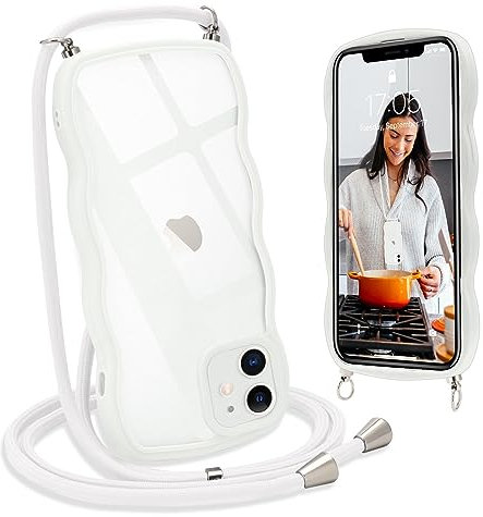 L-FADNUT Handykette für iPhone 12 iPhone 12 Pro Hülle mit Band, Silikon Wellen Rahmenform Handyhülle mit Kordel zum Umhängen, Transparent Schutzhülle Case für iPhone 12 iPhone 12 Pro, Weiß