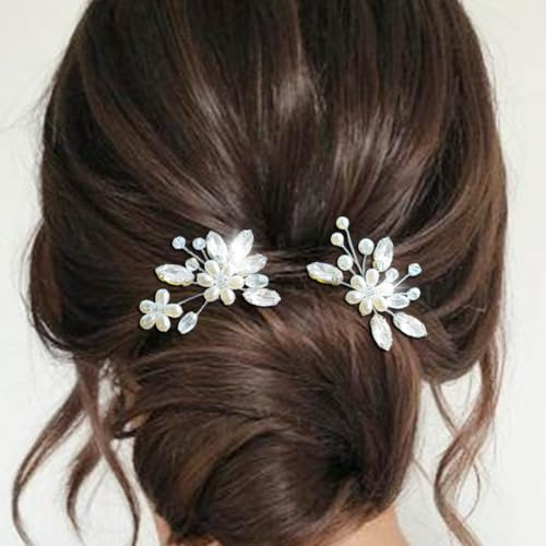 Ushiny Kristall Braut Hochzeit Haarnadeln Silber Perlen Haarteil Haarspange Braut Haarschmuck für Frauen und Mädchen (2er Pack)