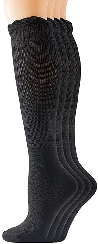Yomandamor 4 Pairs Womens Diabetic Bamboo Rayon Knee-Hi Seamless Socks Black Long Lace Non-binding Sock,9-11